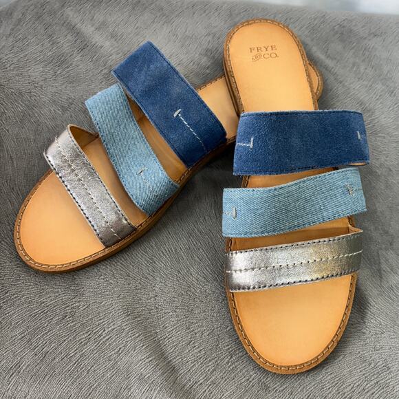 Frye & Co. Evie 3 Band Slide Flat Sandal Women's US 9.5M Blue Suede Denim Gold - Picture 1 of 5